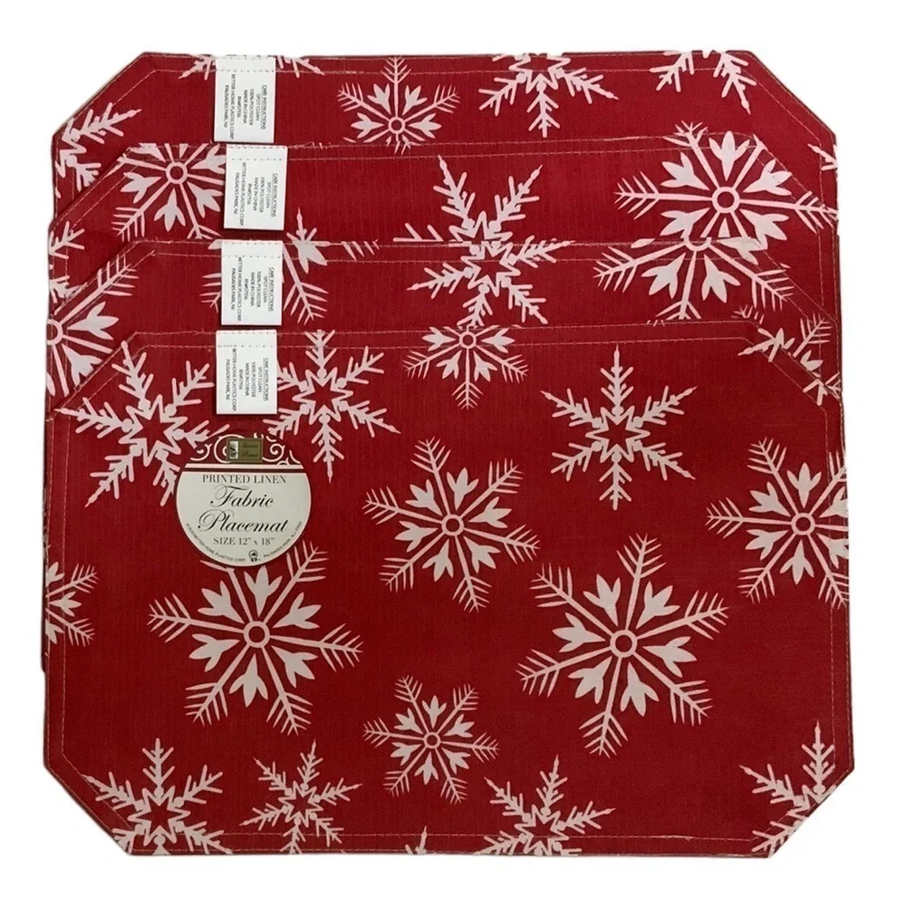 Placemats Fabric Reversible Linen Print Holiday Christmas Snowflake Red White